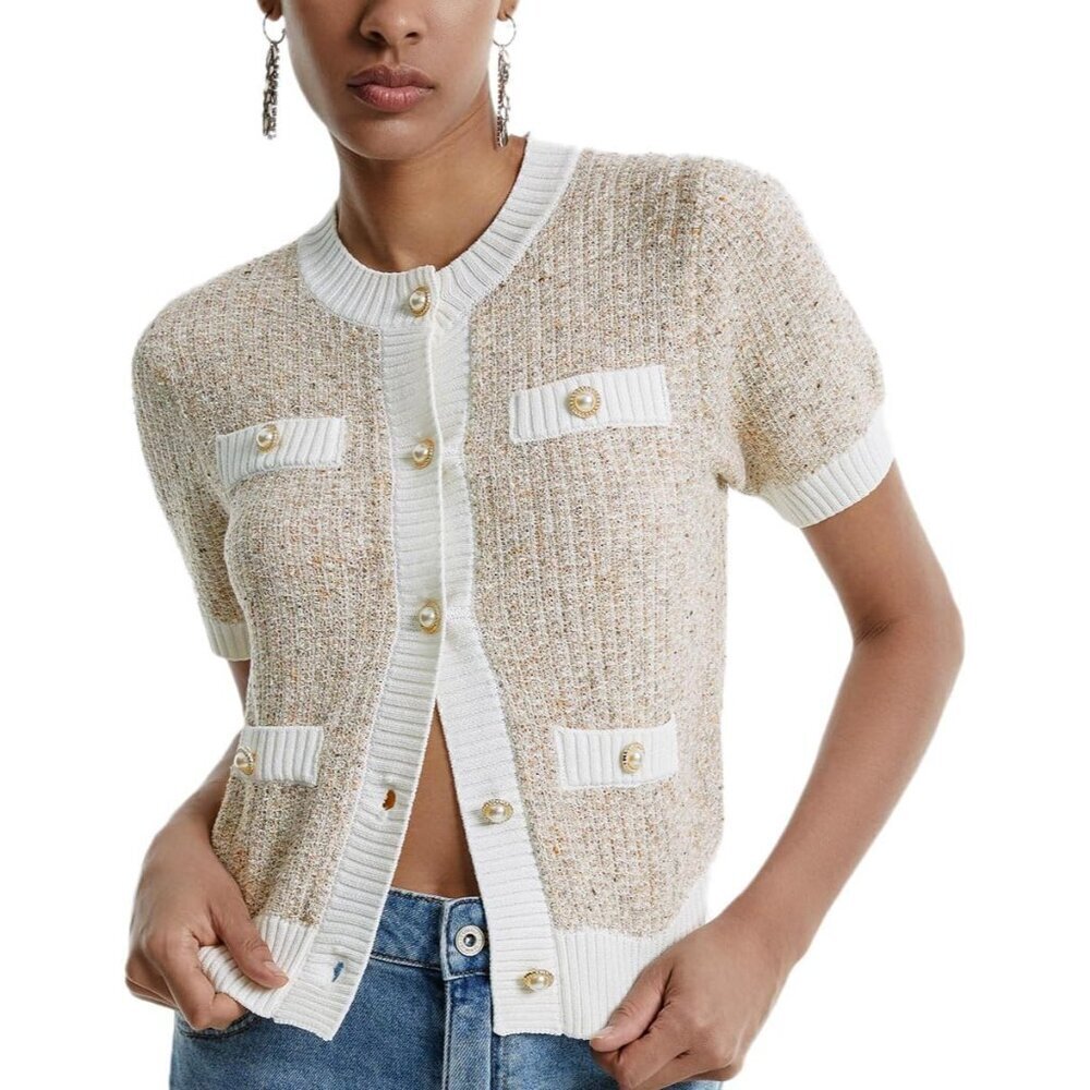 Womens Short Sleeve Cardigan Cotton Blend Cropped Summer Work Tops